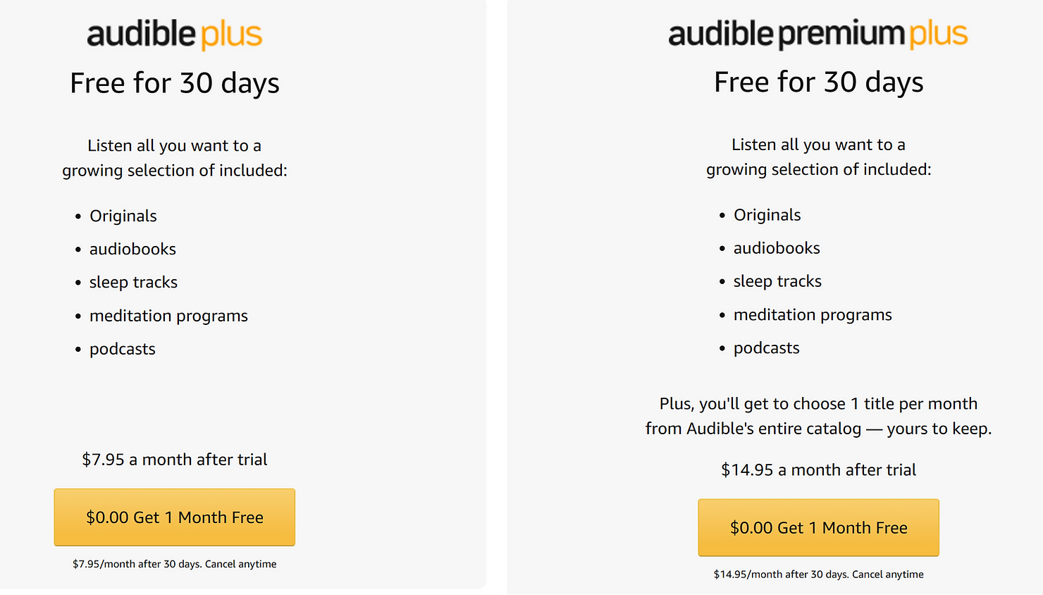 preview of audible membership options